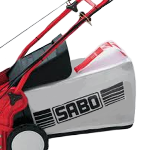 SABO lawn mower with red and white housing