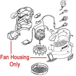 Fan housing component for leaf blower or vacuum
