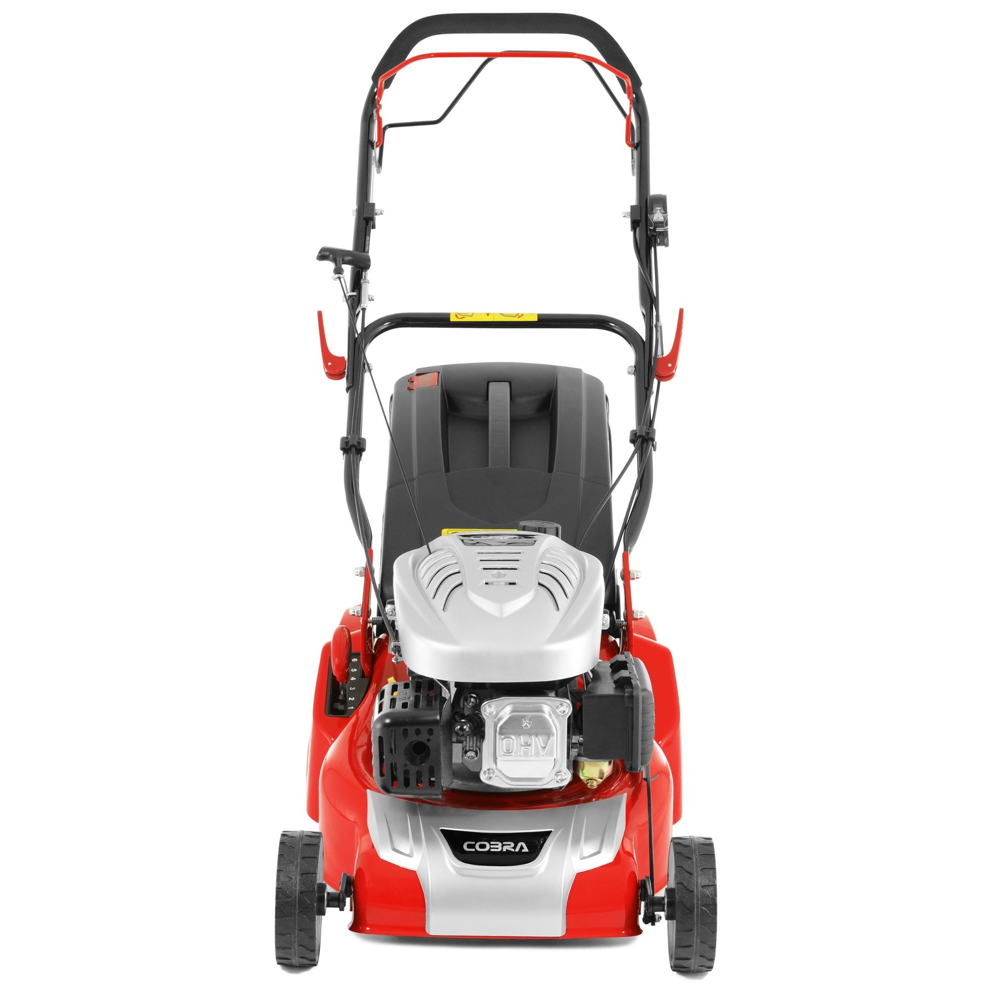 mk1s4f5klap.jpg - Mowers Online Red and white self-propelled lawn mower, top view
