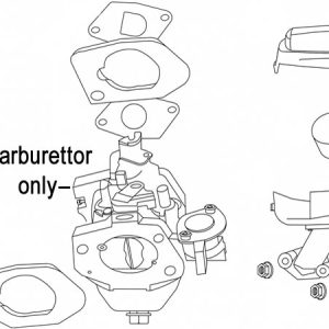 Carburetor assembly diagram with gaskets and components