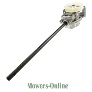 Long shaft trimmer head assembly with gearbox