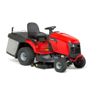 Red ride-on lawn mower with grass collection bag