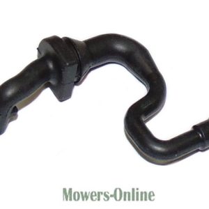 Curved black rubber fuel line connector with clamp