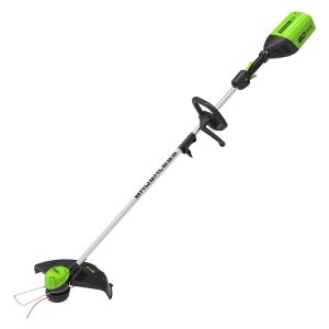 Cordless string trimmer with green battery pack