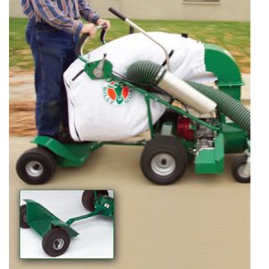 Tow-behind lawn sprayer with white tank and green frame