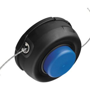 Black string trimmer head with blue button