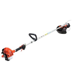 Gas-powered string trimmer with curved shaft