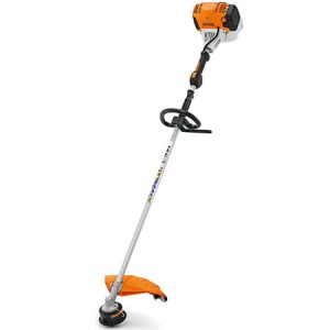 String trimmer with curved shaft and orange engine head