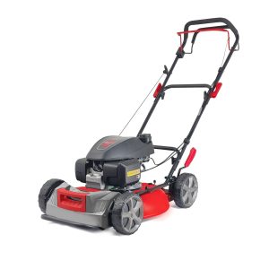 Red and black push lawn mower