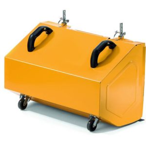 Yellow tool box with wheels and handles