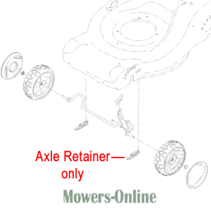 Axle retainer for lawn mower wheel assembly