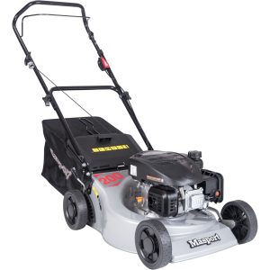 Petrol push lawn mower with black and white frame