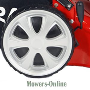 Red push mower wheel with white trim