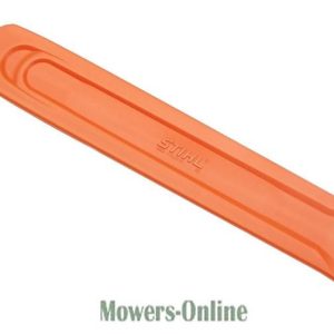Orange plastic lawn mower blade cover
