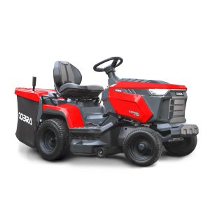Red and gray ride-on lawn mower