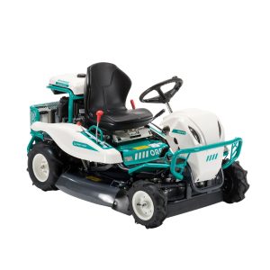 Ride-on lawn mower with turquoise and white trim