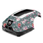Floral patterned robotic lawn mower with black base
