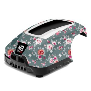 Floral patterned robotic lawn mower with black base