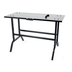 Standing desk with black metal frame and gray top