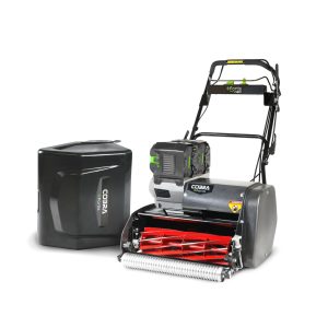 Lawn mower with grass collection bag.