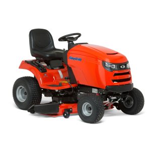 Red riding lawn mower with black seat