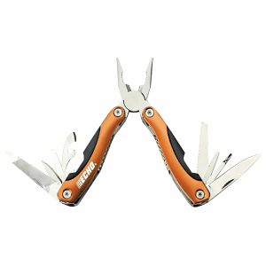Orange multi-tool with pliers and folding blades
