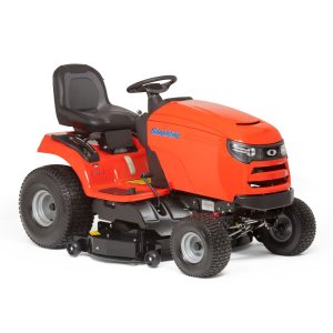 Red riding lawn mower with black seat