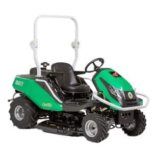 Green and black ride-on lawn mower with canopy