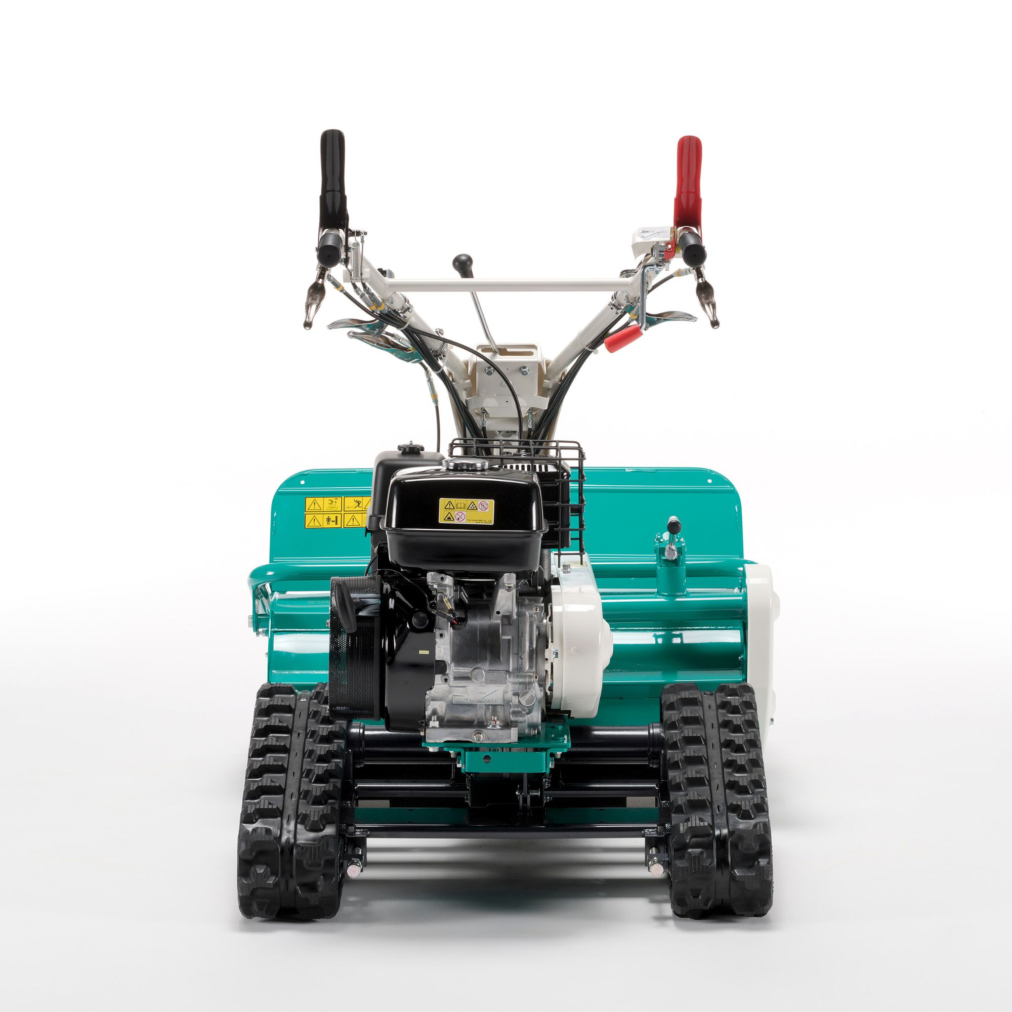 srfqf0ygugu.jpg - Mowers Online Turquoise track-drive tiller with dual handlebars