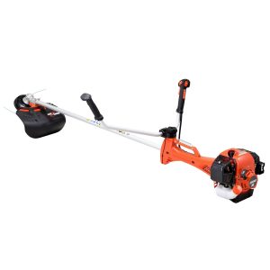 Gas-powered string trimmer with harness and shoulder strap