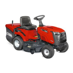 Cobra red ride-on lawn mower with grass collector