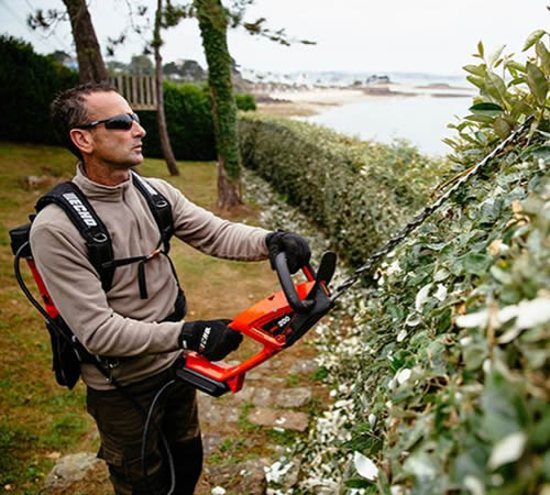 tzkgqxrxbp4.jpg - Mowers Online Man using electric hedge trimmer on shrub