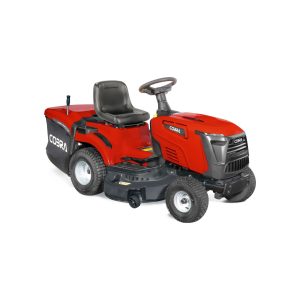 Red riding lawn mower with black seat