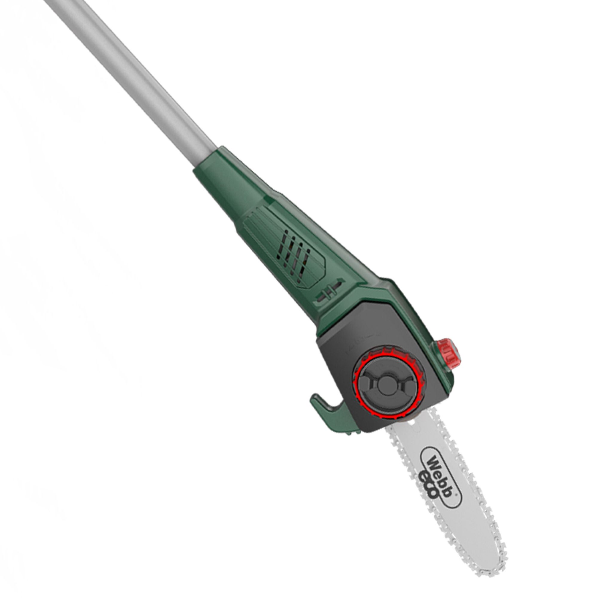 ul2wia0mspr.jpg - Mowers Online Cordless pole saw with green housing and battery pack