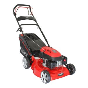 Red and black self-propelled lawn mower