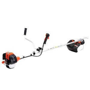 String trimmer with curved shaft and attachments