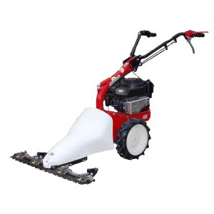Red and white snow blower with handles
