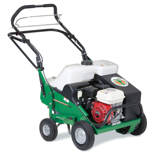 Green gas-powered lawn aerator with Honda engine