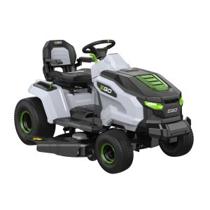 EGO riding lawn mower with green accents