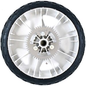 White plastic lawn mower wheel with black tire