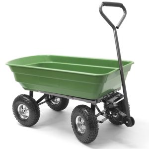 Four-wheel garden cart with green bin and handle