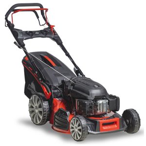 Red and black self-propelled lawn mower