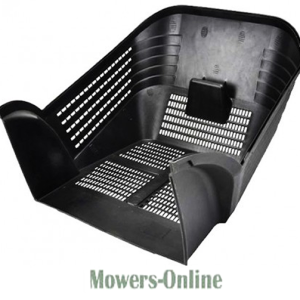 Black plastic lawn mower grass collection bag.