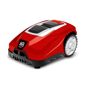 Red robotic lawn mower with solar panel