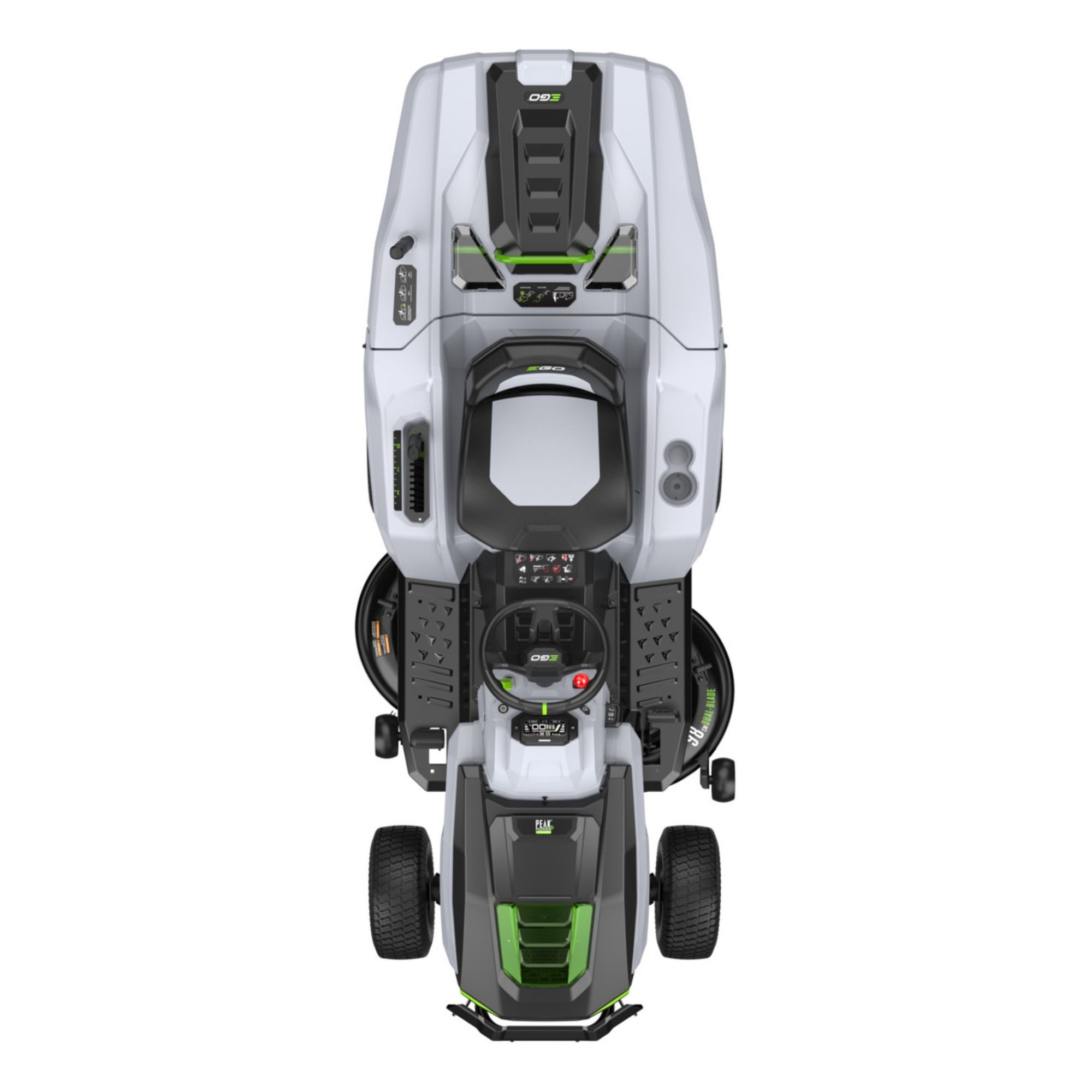 weshy2i2ad4.jpg - Mowers Online Top-down view of white and green lawn mower