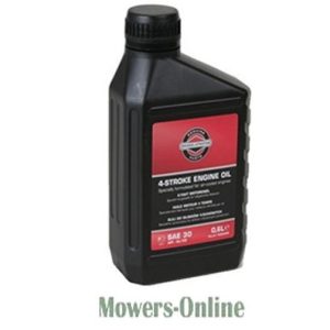 Four-stroke engine oil quart bottle with red label
