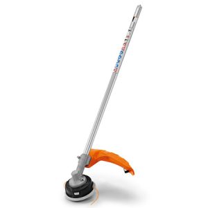 String trimmer with orange handle and grey shaft