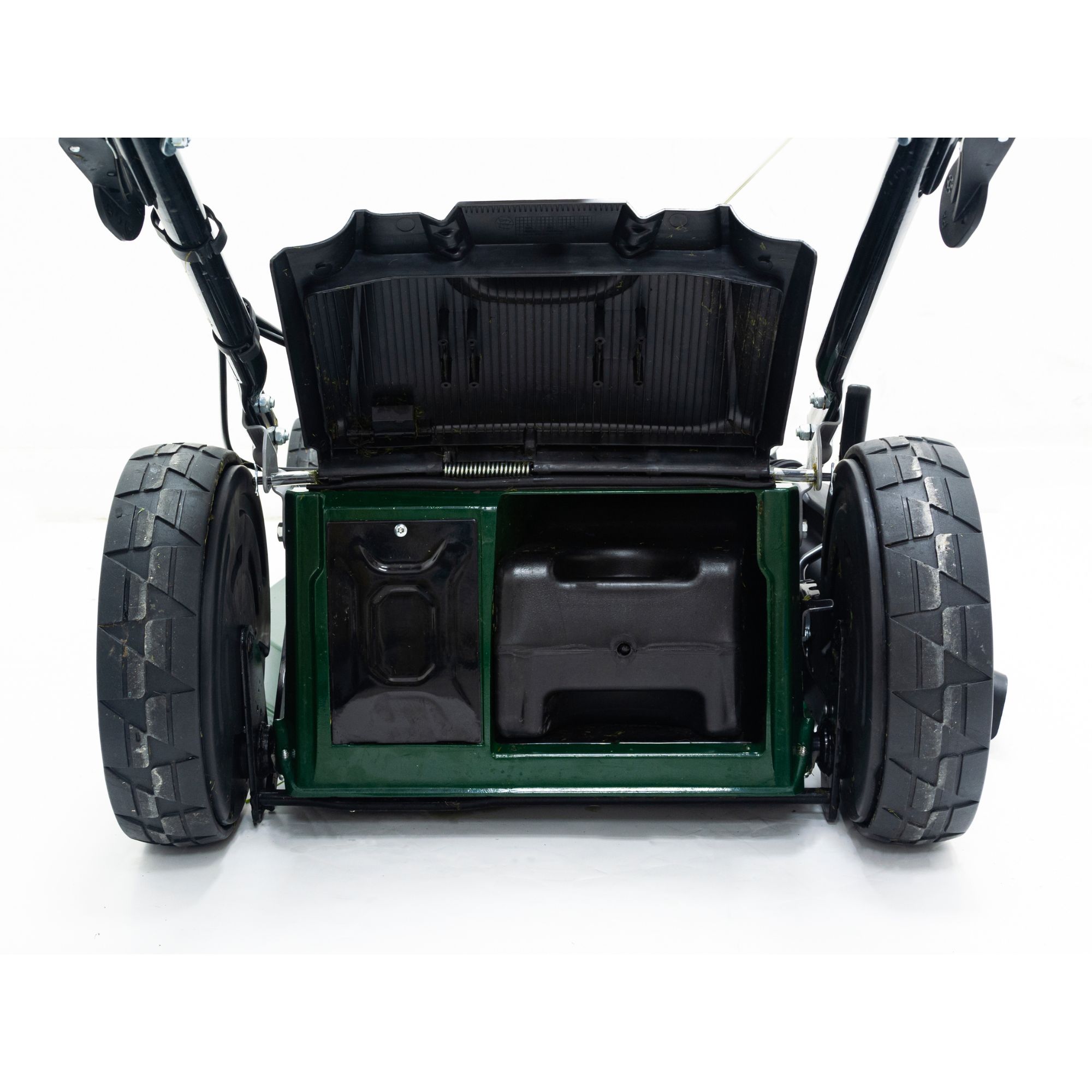 ws1gvssejzs.jpg - Mowers Online Green ride-on mower, top-down view, open storage compartment