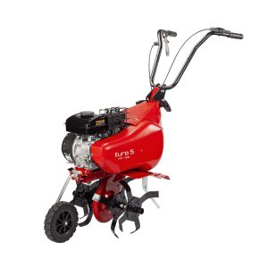 Red front tine cultivator with gas engine