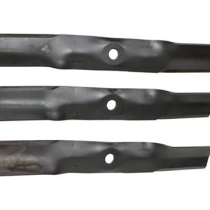 Three replacement lawn mower blades with center holes.